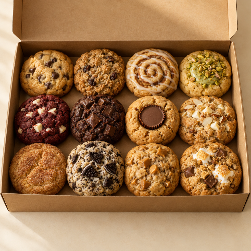 Custom Dozen product photo, a dozen assorted gourmet cookies in a kraft bakery box